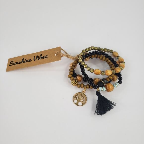 Black Beaded Boho Stretch Bracelet 4 pc Tree of Life Charm Bohemian One Size - Picture 4 of 9